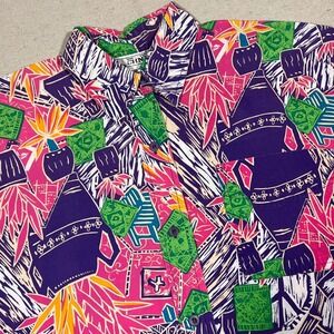 Technics Womens 90s Abstract Graphic Print Cotton Button Down Shirt Purple Med